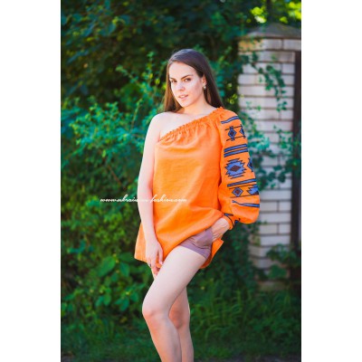 Boho Style Embroidered Monoshoulder Blouse Orange with Blue/White Embroidery